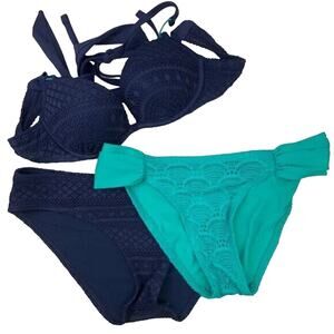 Aerie Push-Up Bikini Top 32A + 2 Hipster Bottoms S/P Set – Navy/Aqua
